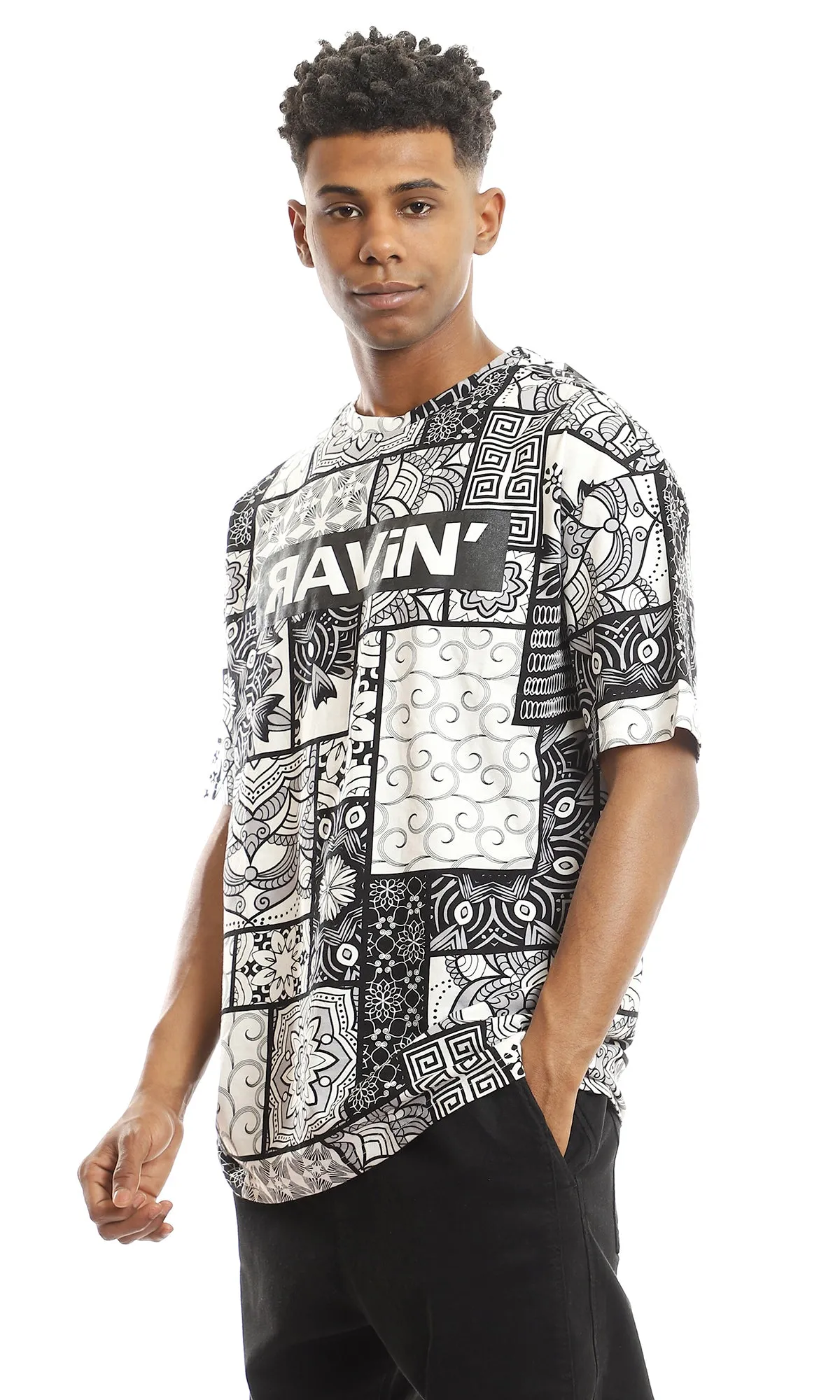 97357 Multi Self Patterns Cotton T-Shirt With Chest Print - Black & White