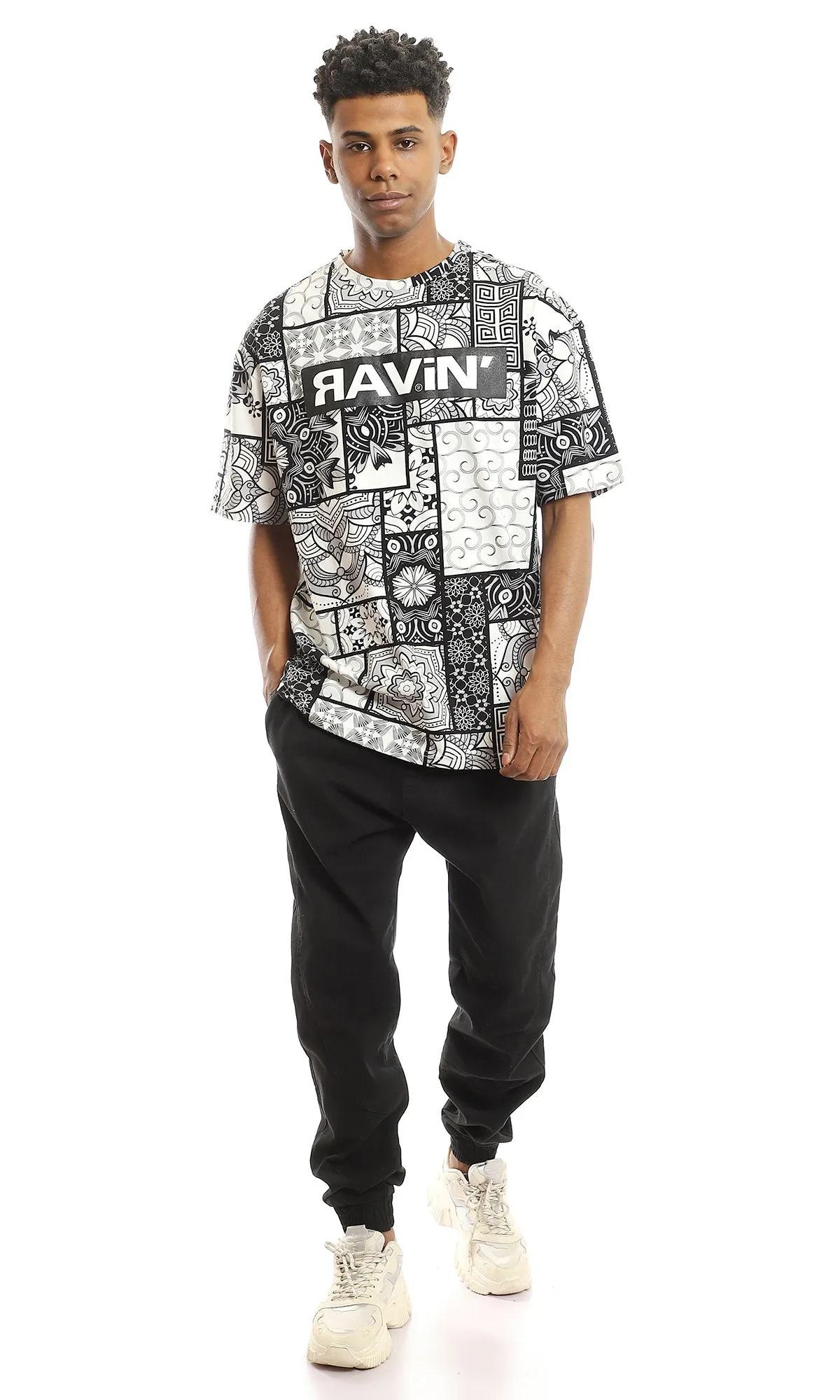 97357 Multi Self Patterns Cotton T-Shirt With Chest Print - Black & White