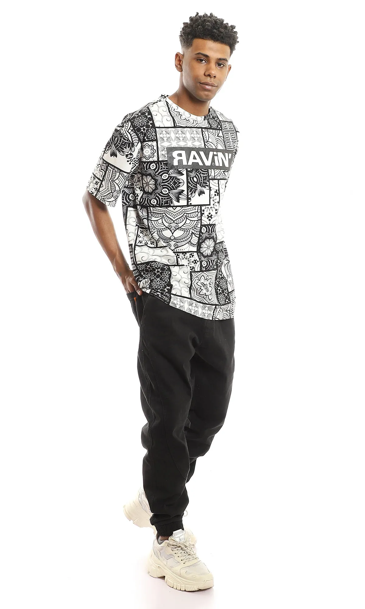 97357 Multi Self Patterns Cotton T-Shirt With Chest Print - Black & White
