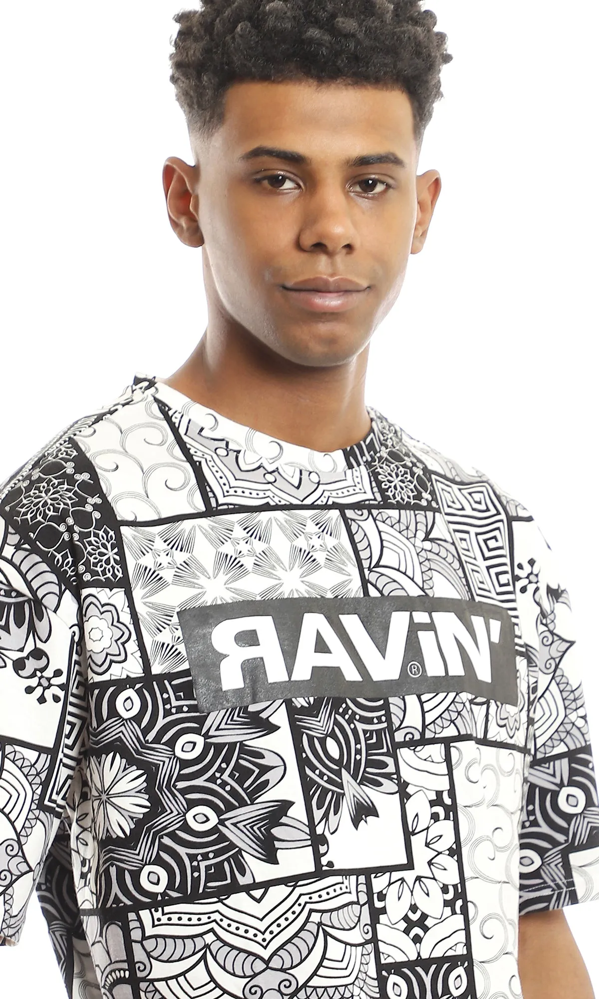 97357 Multi Self Patterns Cotton T-Shirt With Chest Print - Black & White