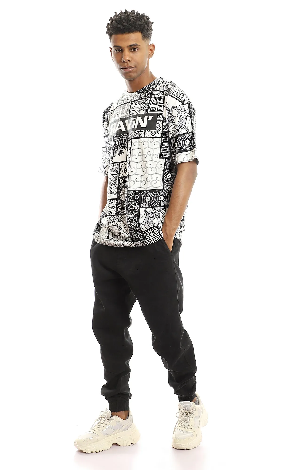 97357 Multi Self Patterns Cotton T-Shirt With Chest Print - Black & White