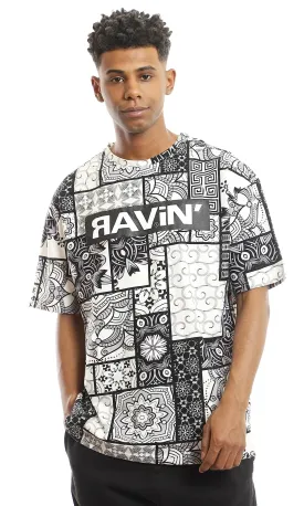 97357 Multi Self Patterns Cotton T-Shirt With Chest Print - Black & White