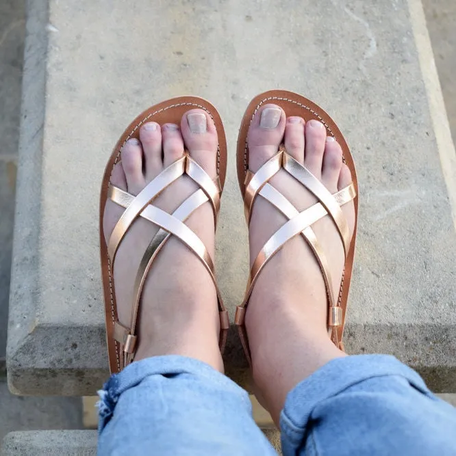 Ancient Greek leather sandals, Strappy sandals, Rose gold sandals, Thong sandals, Wedding sandals, Flat sandals, CHLOE sandals,