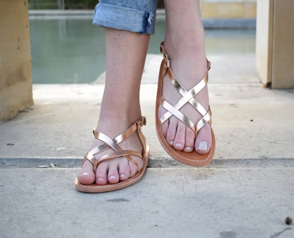 Ancient Greek leather sandals, Strappy sandals, Rose gold sandals, Thong sandals, Wedding sandals, Flat sandals, CHLOE sandals,