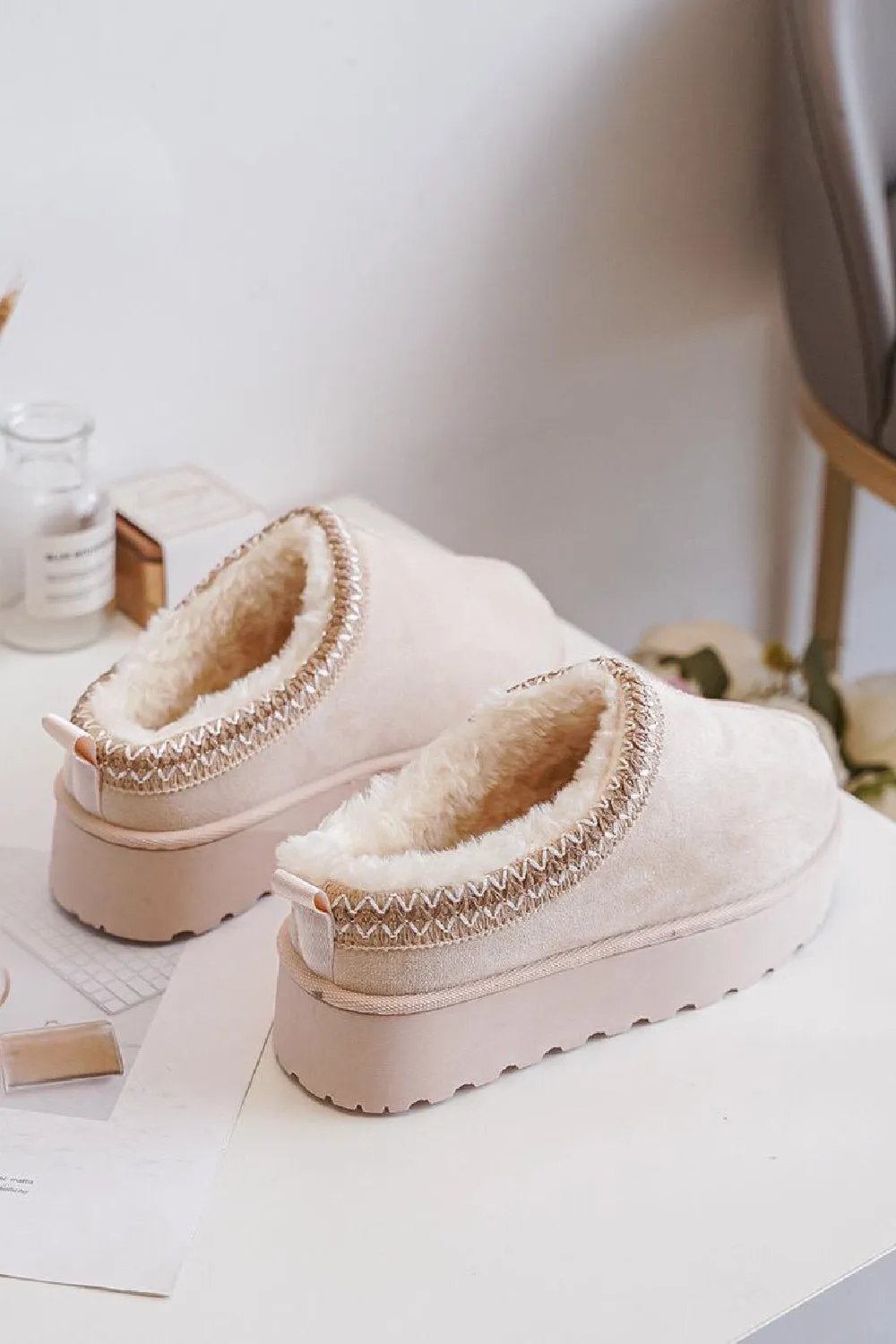 BEIGE FLUFFY PLATFORM SLIPPERS FAUX FUR LINED ANKLE BOOTS