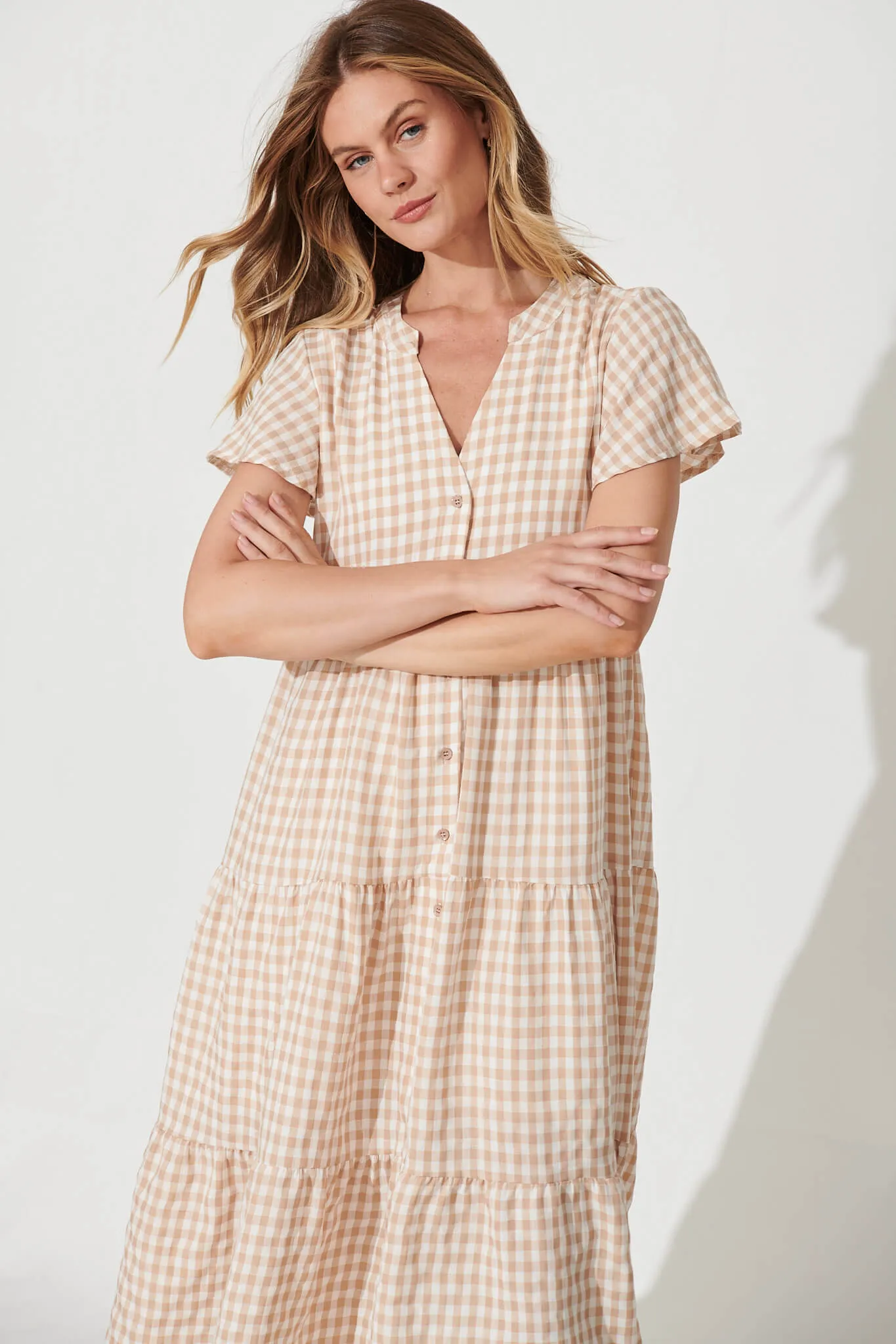 Bently Midi Dress In Beige Gingham Check Cotton Blend