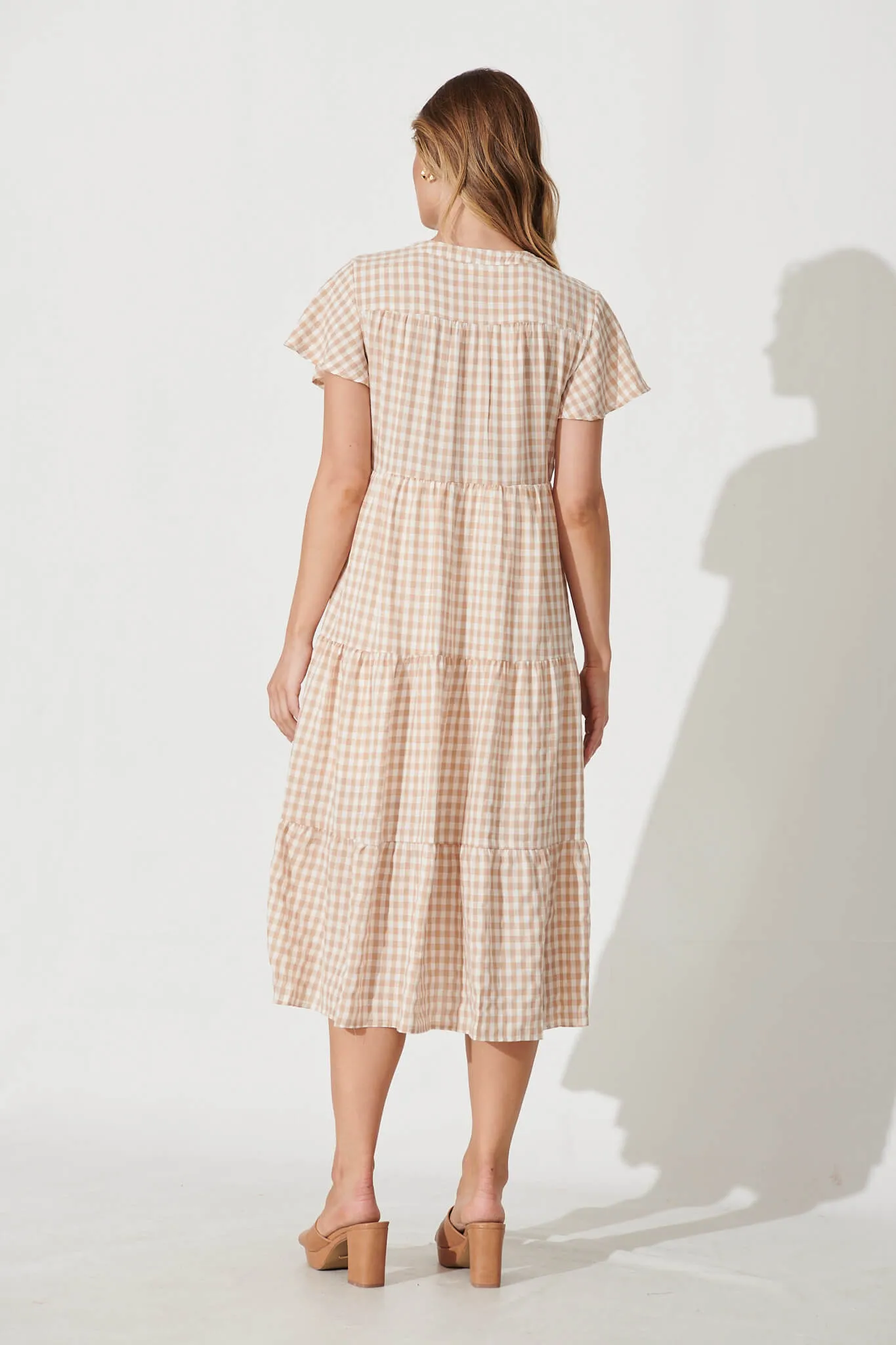 Bently Midi Dress In Beige Gingham Check Cotton Blend