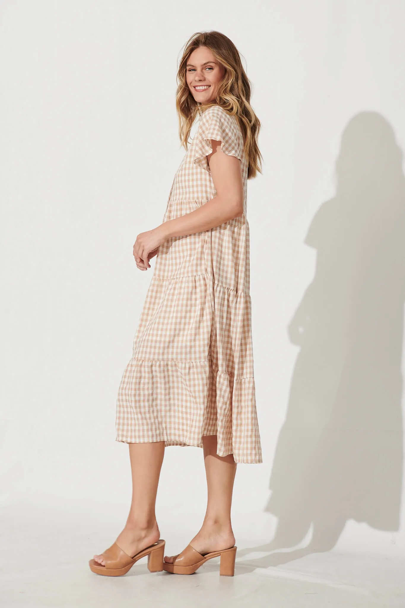 Bently Midi Dress In Beige Gingham Check Cotton Blend