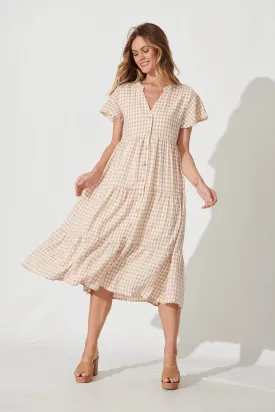 Bently Midi Dress In Beige Gingham Check Cotton Blend