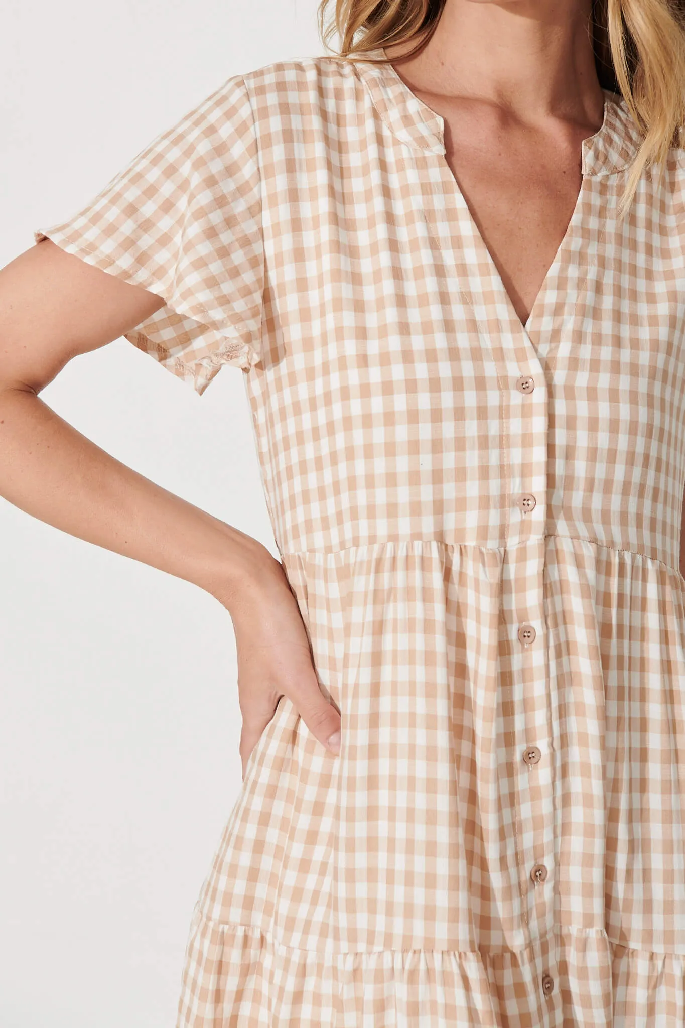 Bently Midi Dress In Beige Gingham Check Cotton Blend