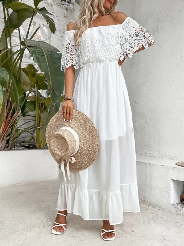 Blue Zone Planet |  Aria's Off-the-shoulder Guipure Lace Paneled Ruffle Hem Maxi Dress