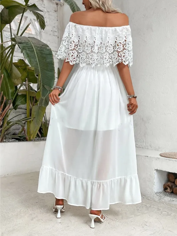 Blue Zone Planet |  Aria's Off-the-shoulder Guipure Lace Paneled Ruffle Hem Maxi Dress