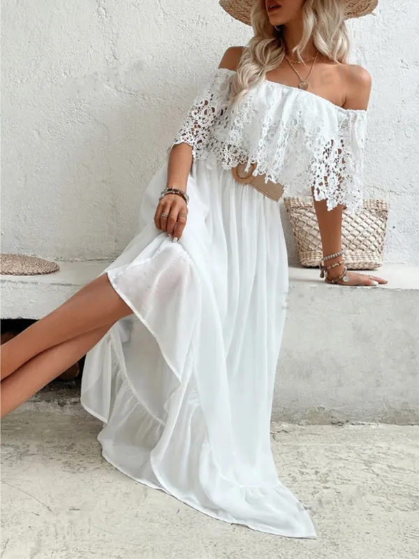 Blue Zone Planet |  Aria's Off-the-shoulder Guipure Lace Paneled Ruffle Hem Maxi Dress
