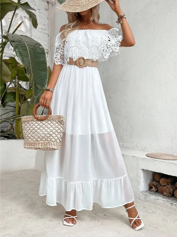Blue Zone Planet |  Aria's Off-the-shoulder Guipure Lace Paneled Ruffle Hem Maxi Dress