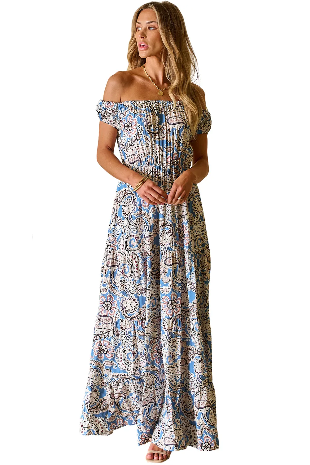 Blue Zone Planet |  Kim's Pink Boho Paisley Print Off Shoulder Maxi Dress