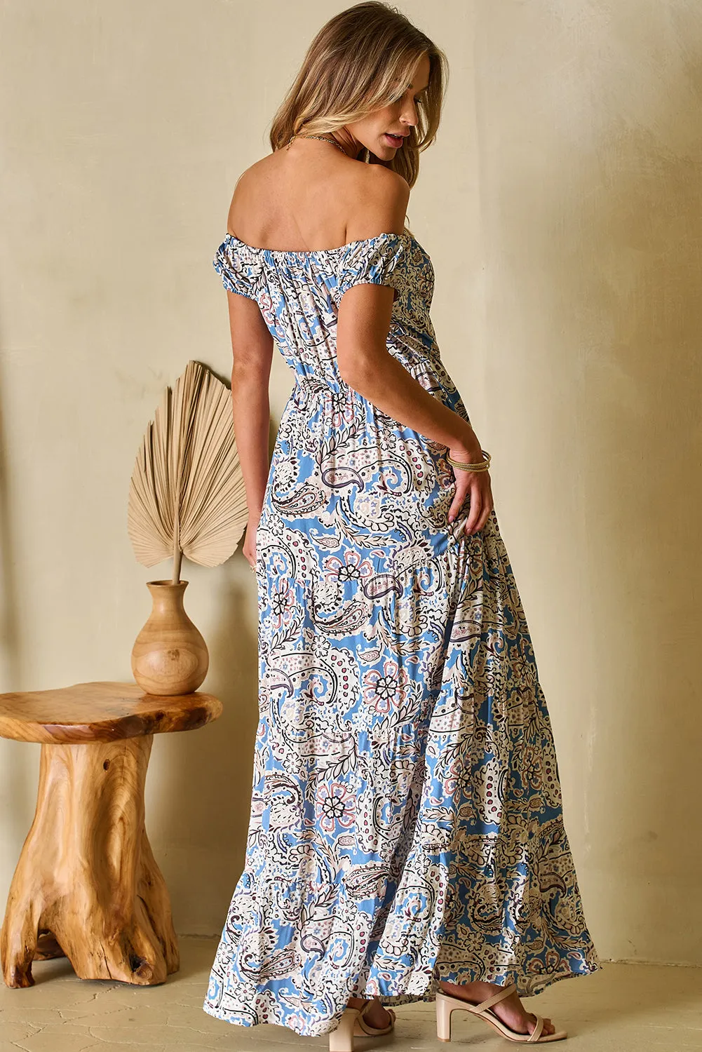 Blue Zone Planet |  Kim's Pink Boho Paisley Print Off Shoulder Maxi Dress