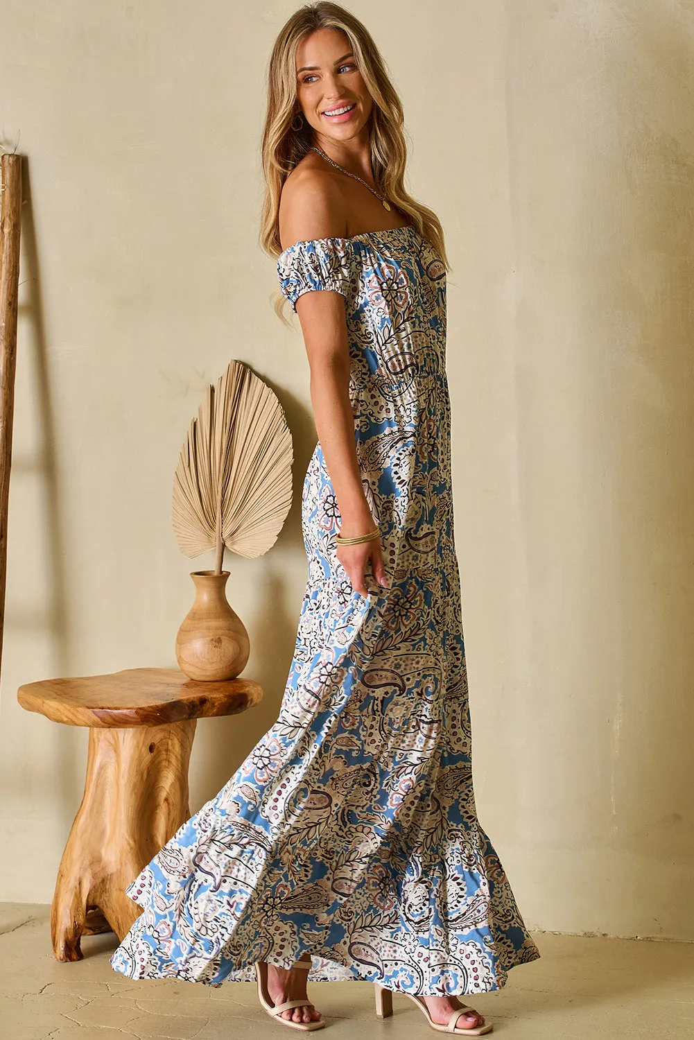 Blue Zone Planet |  Kim's Pink Boho Paisley Print Off Shoulder Maxi Dress