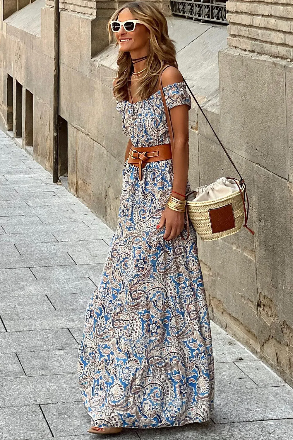 Blue Zone Planet |  Kim's Pink Boho Paisley Print Off Shoulder Maxi Dress
