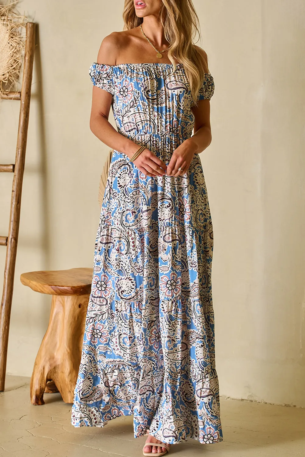 Blue Zone Planet |  Kim's Pink Boho Paisley Print Off Shoulder Maxi Dress