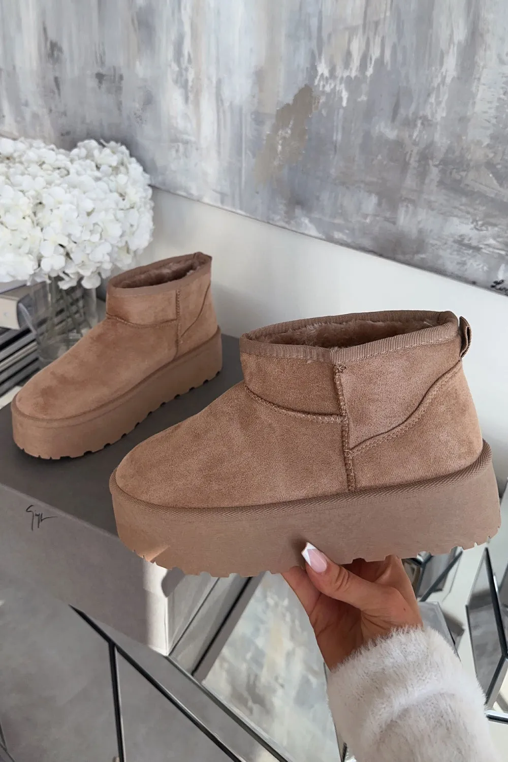 CAMEL ULTRA MINI PLATFORM FAUX FUR LINED ANKLE BOOTS