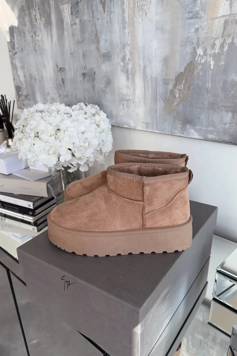 CAMEL ULTRA MINI PLATFORM FAUX FUR LINED ANKLE BOOTS