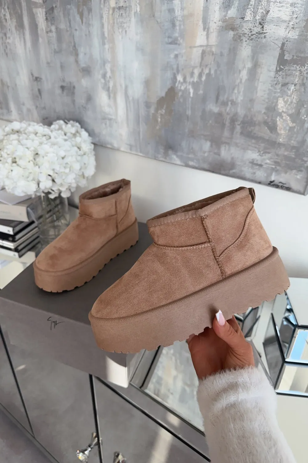 CAMEL ULTRA MINI PLATFORM FAUX FUR LINED ANKLE BOOTS