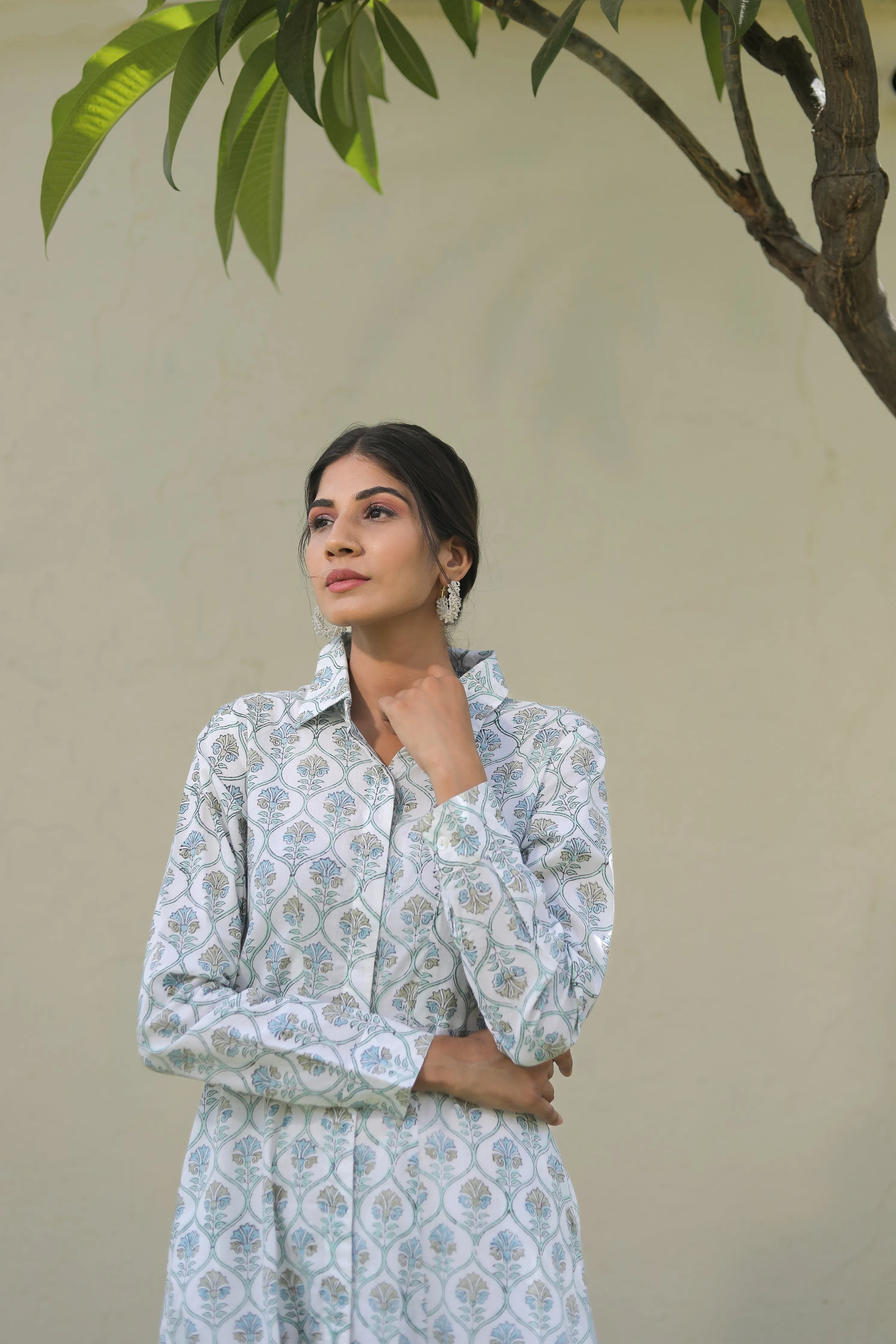 collared cotton maxi long sleeve dresses on white base