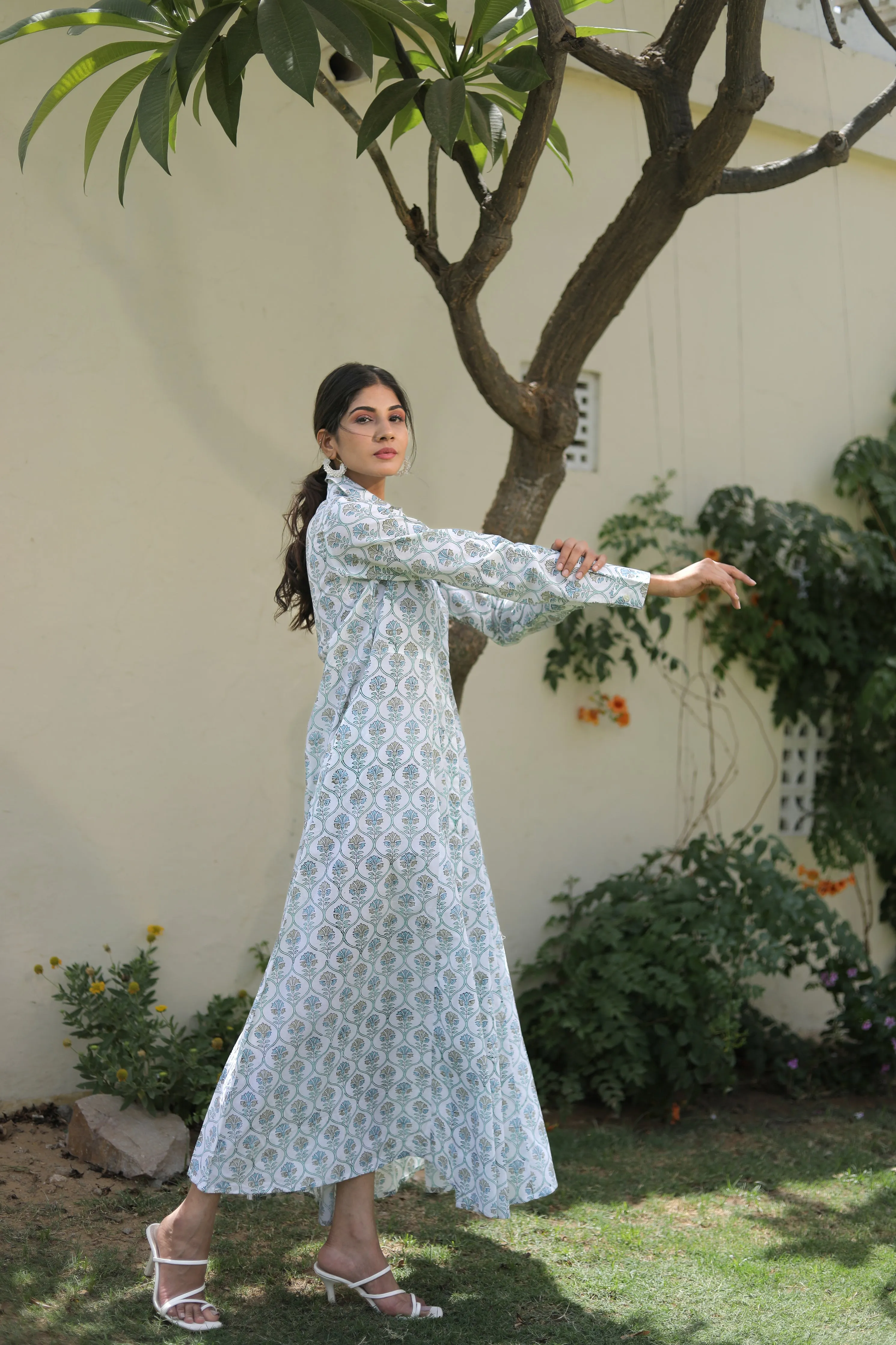 collared cotton maxi long sleeve dresses on white base
