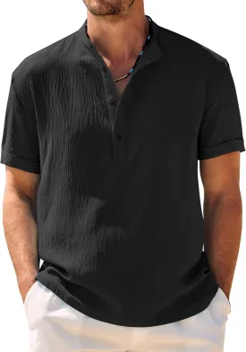 COOFANDY Men's Casual Henley Shirt Band Collar Short Sleeve Shirt Summer Beach Hippie Shirt