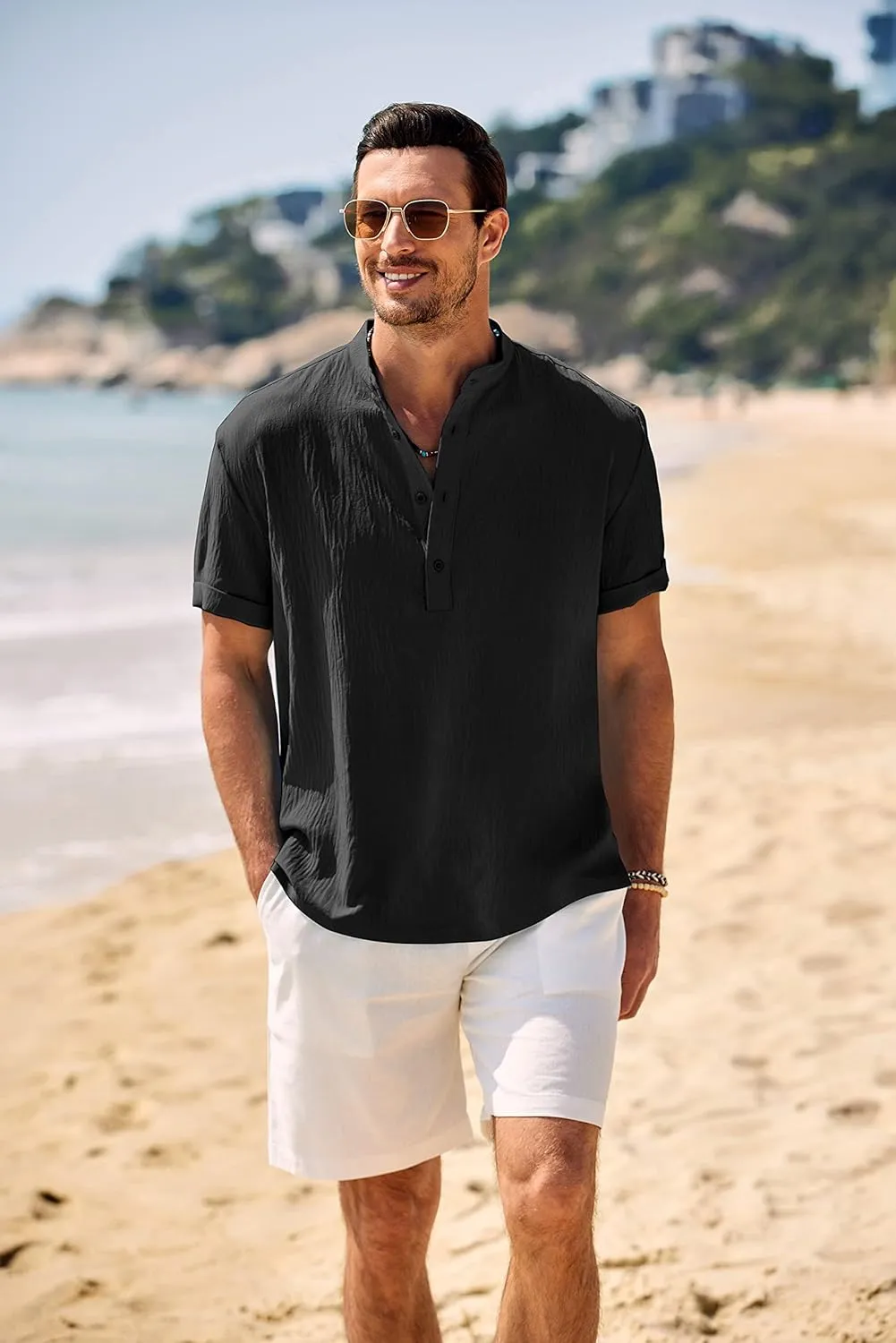 COOFANDY Men's Casual Henley Shirt Band Collar Short Sleeve Shirt Summer Beach Hippie Shirt