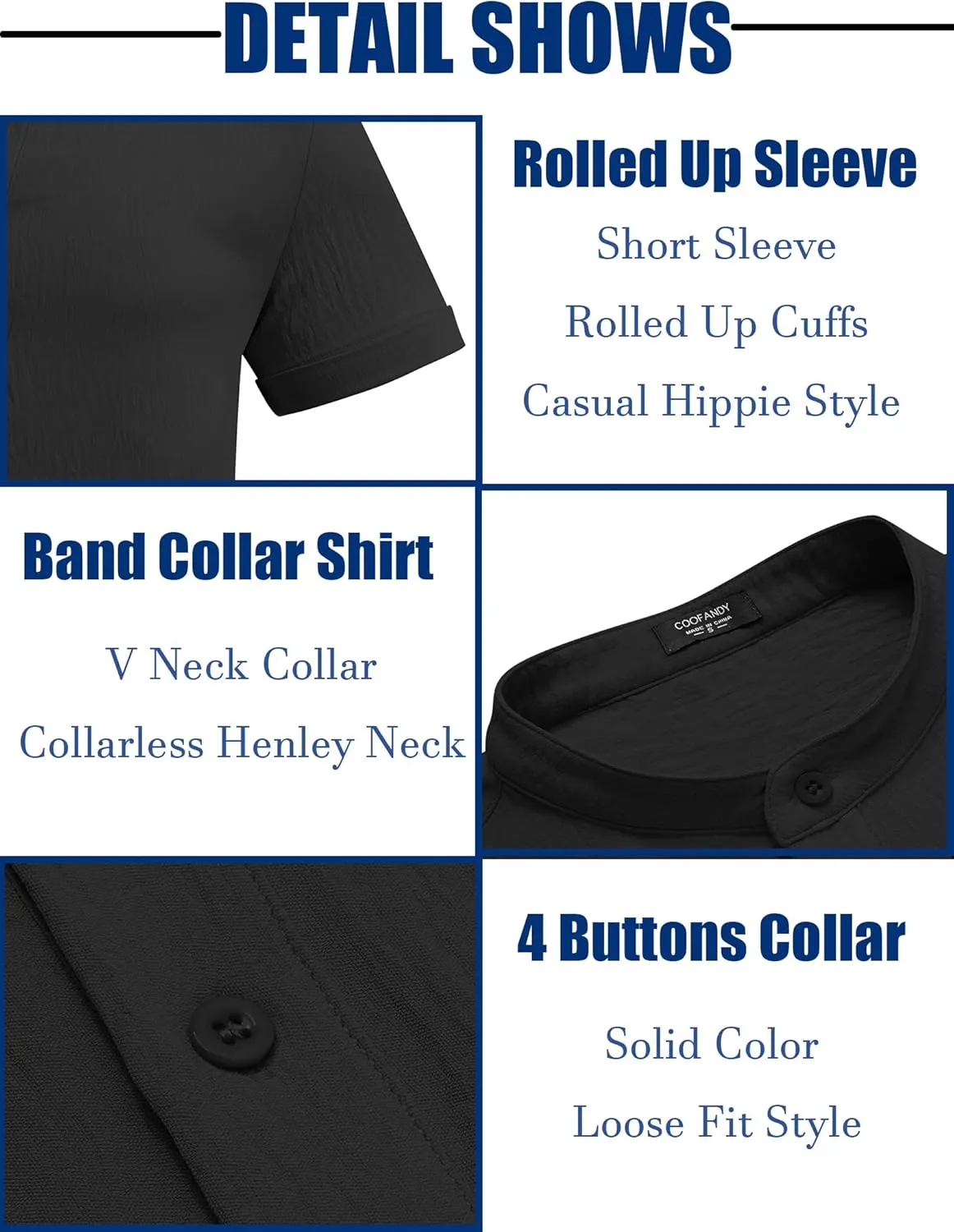 COOFANDY Men's Casual Henley Shirt Band Collar Short Sleeve Shirt Summer Beach Hippie Shirt