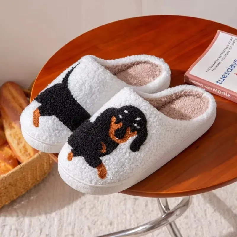 Dachshund Pattern Embroidered Plush Slippers with Thick Sole - Warm, Non-Slip Indoor Footwear for Pet Lovers
