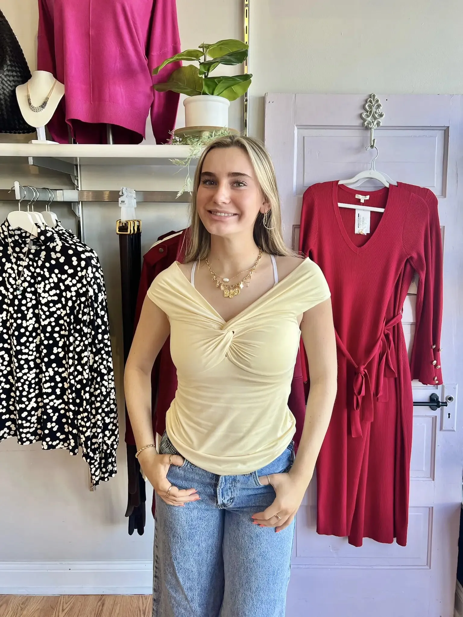 DEX Off the Shoulder Lemon Top Twisted Neckline Lemon