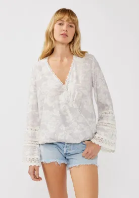 Floral Challis Surplice Top with Lace Trumpet Sleeve Dove/Lavender