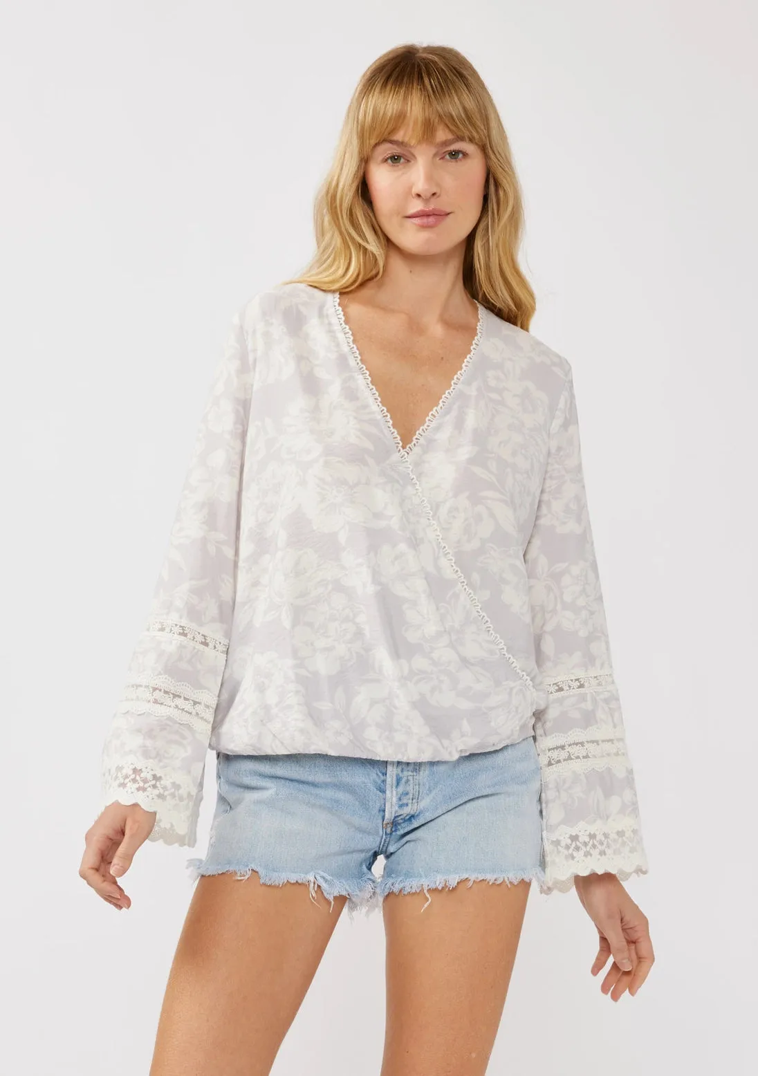 Floral Challis Surplice Top with Lace Trumpet Sleeve Dove/Lavender