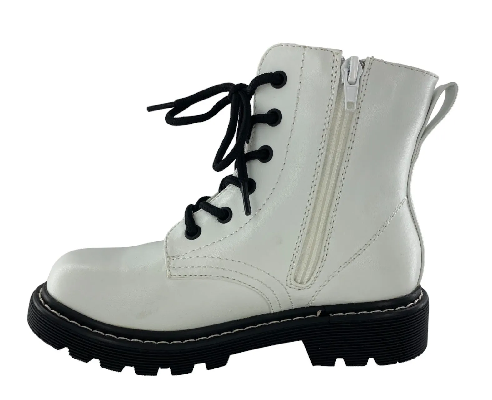 Gotta Flurt Girl's Lori G White Faux Leather Combat Boot With Side Zipper