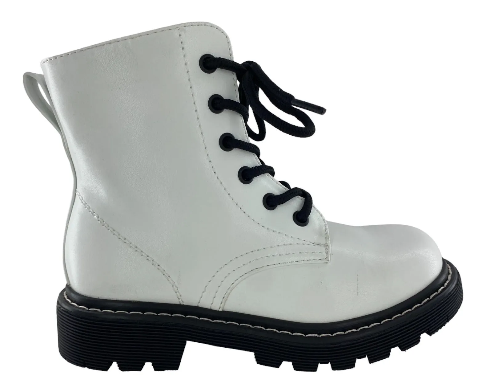 Gotta Flurt Girl's Lori G White Faux Leather Combat Boot With Side Zipper