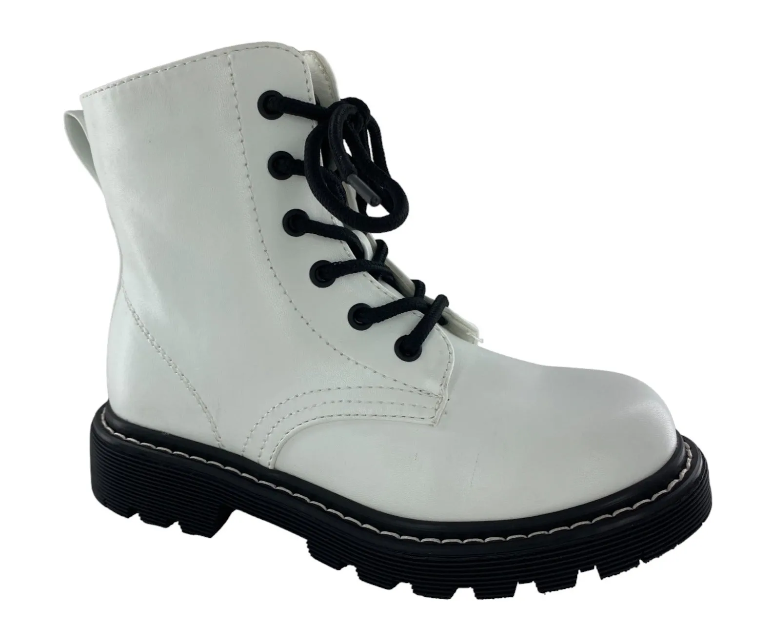 Gotta Flurt Girl's Lori G White Faux Leather Combat Boot With Side Zipper