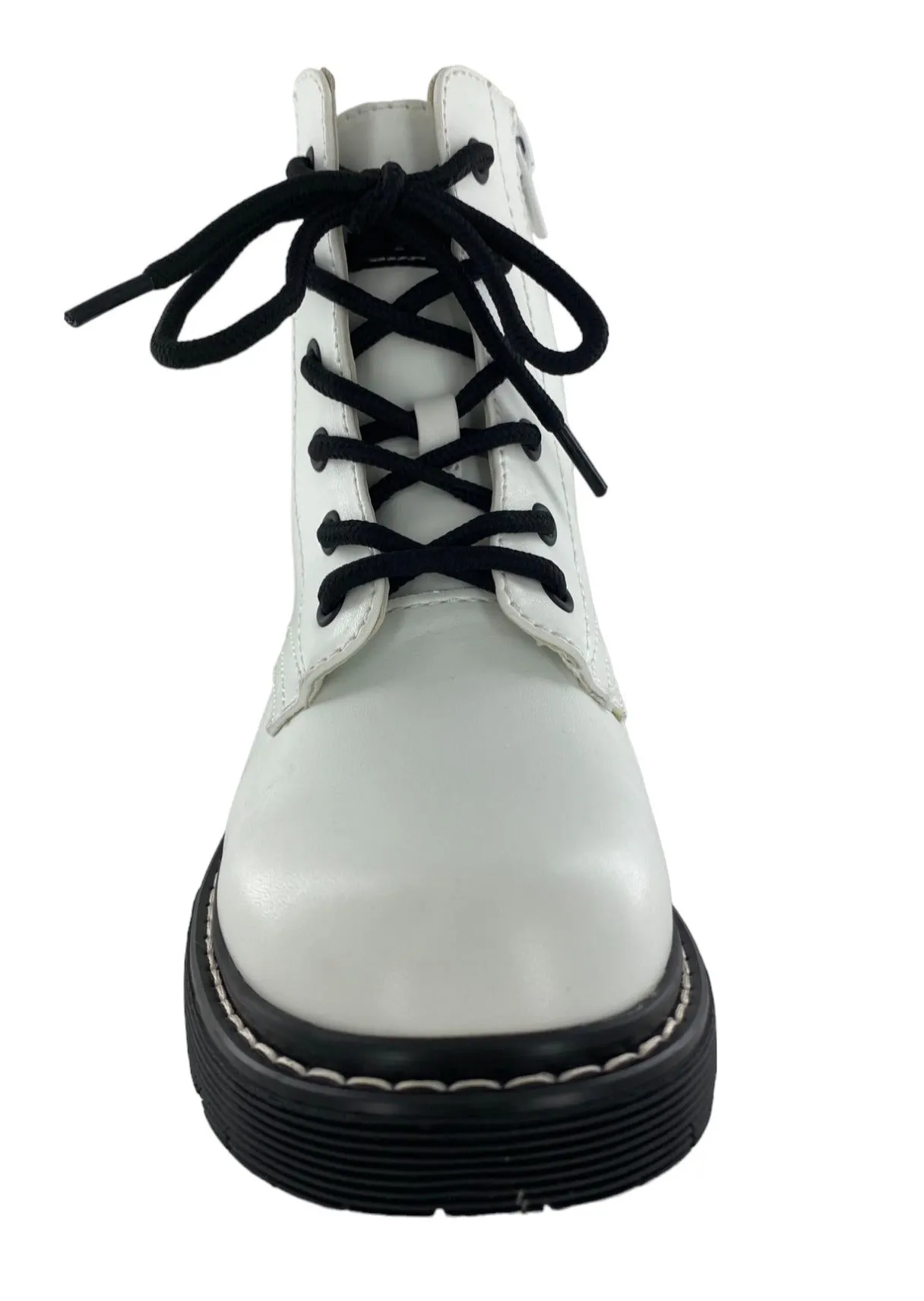 Gotta Flurt Girl's Lori G White Faux Leather Combat Boot With Side Zipper