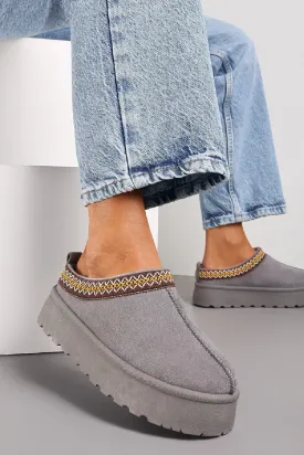GREY EMBROIDED FLUFFY PLATFORM SLIPPERS AZTEC DETAIL FAUX FUR LINED ANKLE BOOTS