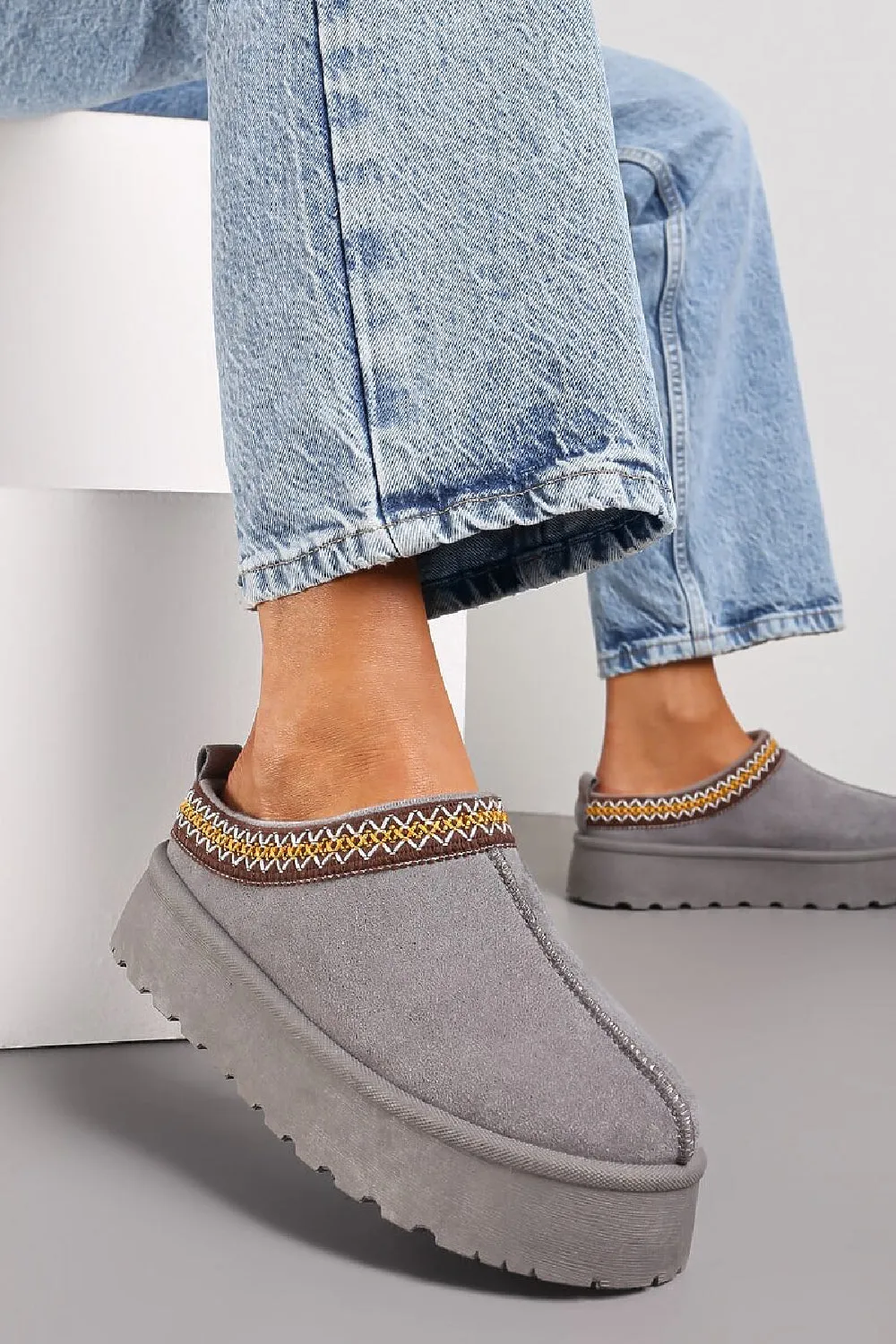 GREY EMBROIDED FLUFFY PLATFORM SLIPPERS AZTEC DETAIL FAUX FUR LINED ANKLE BOOTS