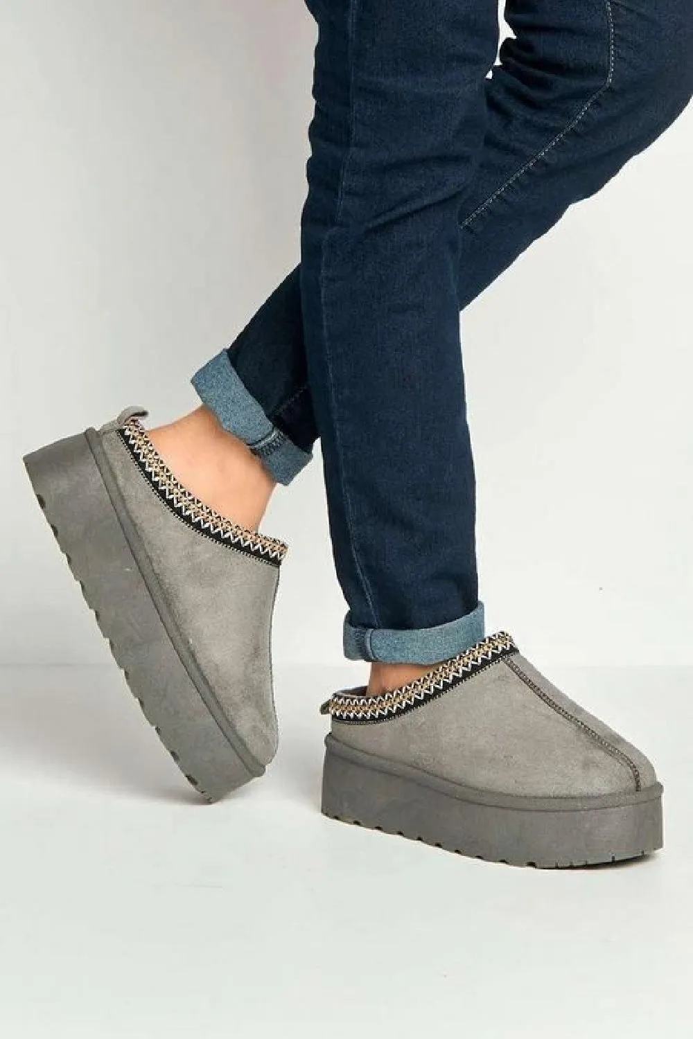GREY EMBROIDED FLUFFY PLATFORM SLIPPERS AZTEC DETAIL FAUX FUR LINED ANKLE BOOTS
