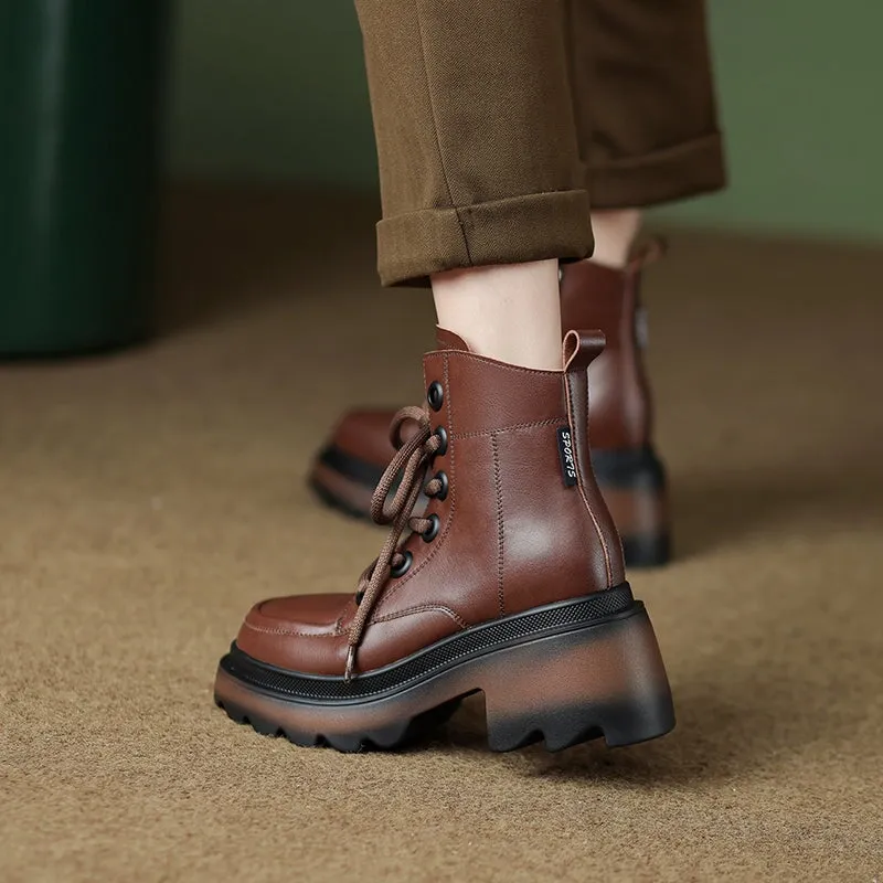 Handmade Cowhide 80mm Chunky Heel Lace-Up Martin Boots with Side Zip Black/Brown
