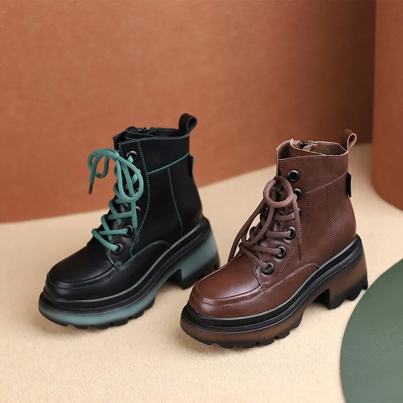 Handmade Cowhide 80mm Chunky Heel Lace-Up Martin Boots with Side Zip Black/Brown