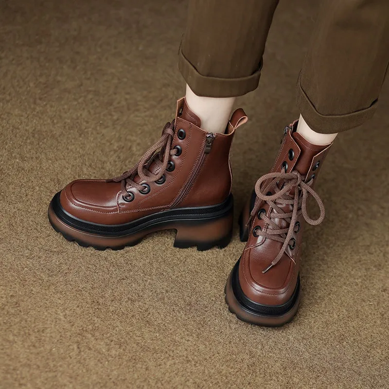 Handmade Cowhide 80mm Chunky Heel Lace-Up Martin Boots with Side Zip Black/Brown