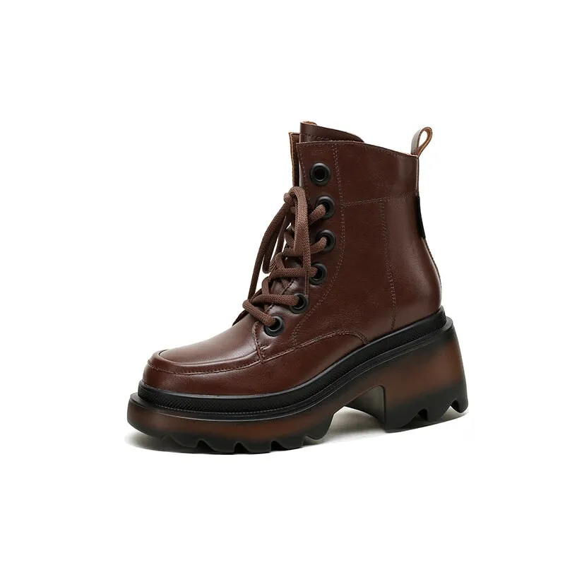 Handmade Cowhide 80mm Chunky Heel Lace-Up Martin Boots with Side Zip Black/Brown