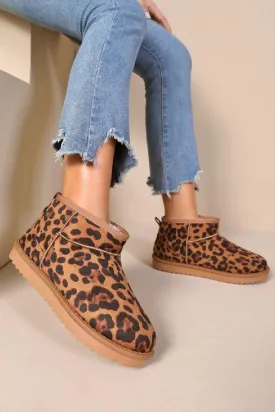 H.O.S Faux Suede Womens Fur Lined Leopard Mini Winter Ankle Boots