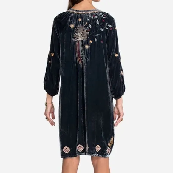 JOHNNY WAS Selah Velvet Puff Sleeve Raglan Blue Dress Size M