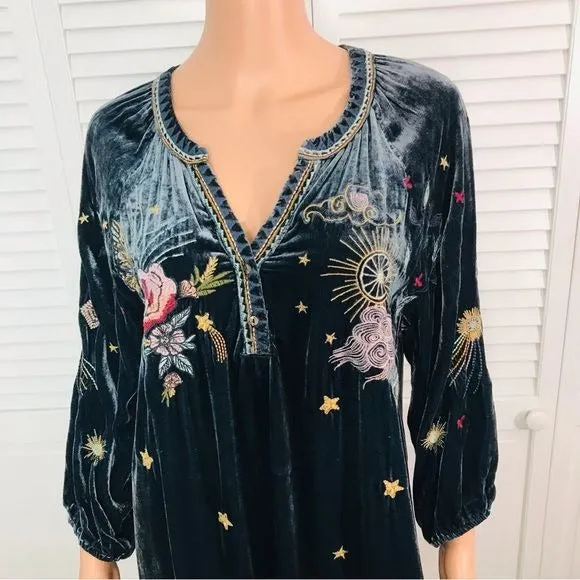 JOHNNY WAS Selah Velvet Puff Sleeve Raglan Blue Dress Size M
