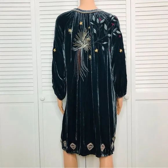 JOHNNY WAS Selah Velvet Puff Sleeve Raglan Blue Dress Size M